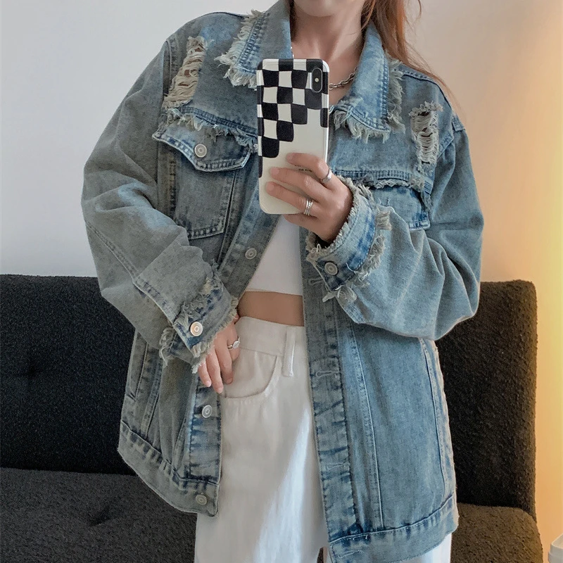 Женская короткая куртка с потертостями свободная винтажная в американском стиле