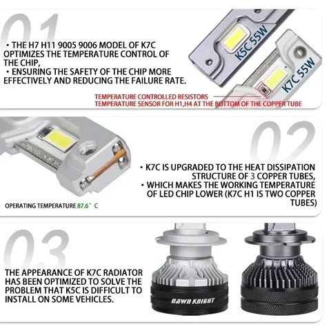 DAWNKNIGHT K7C 4300K H7 H4 H11 Светодиодная лампа 3 медных трубки Светодиодные фонари для автомобиля H1 HB3 9005 HB4 9006 12 В Светодиодная лампа для фар