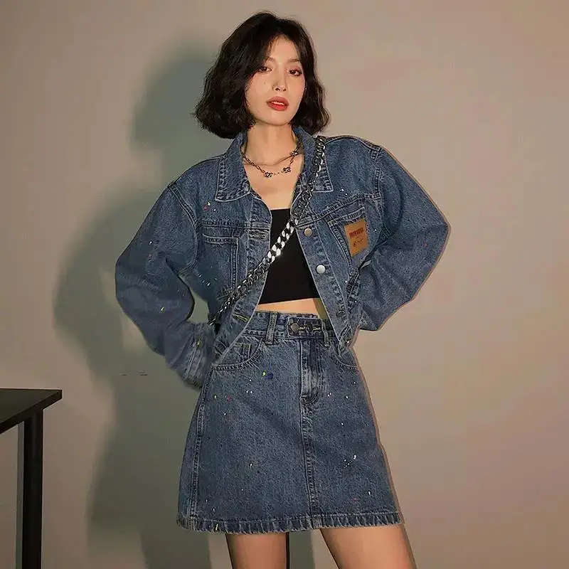 

denim sets for women 2022 Korean style two piece set conjuntos de vestido coat Suits Solid Tops school girls denim Sets
