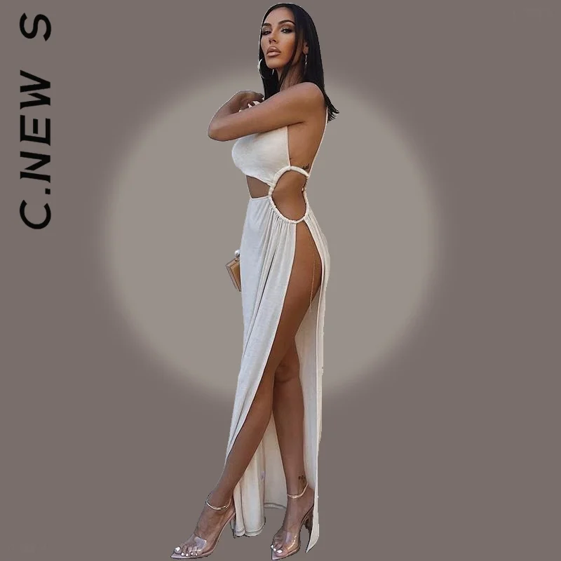 

C.New S Elegant Stunning Cutouts Asymmetrical Neck Maxi Dress Women Round Midnight Party Robe Female Side Split White Dresses