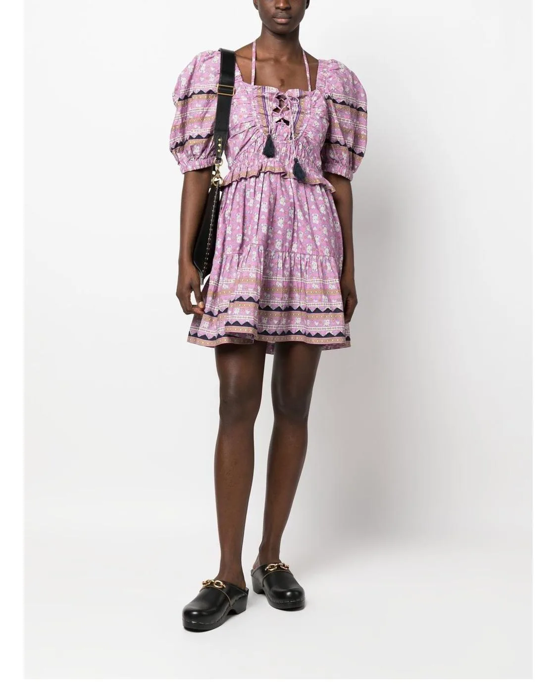 

Se@a* Summer/Spring Women Dress Cotton Square-neck Short Puff Sleeve Purple Printing Knee-Length High Waist Ruffles Tassels