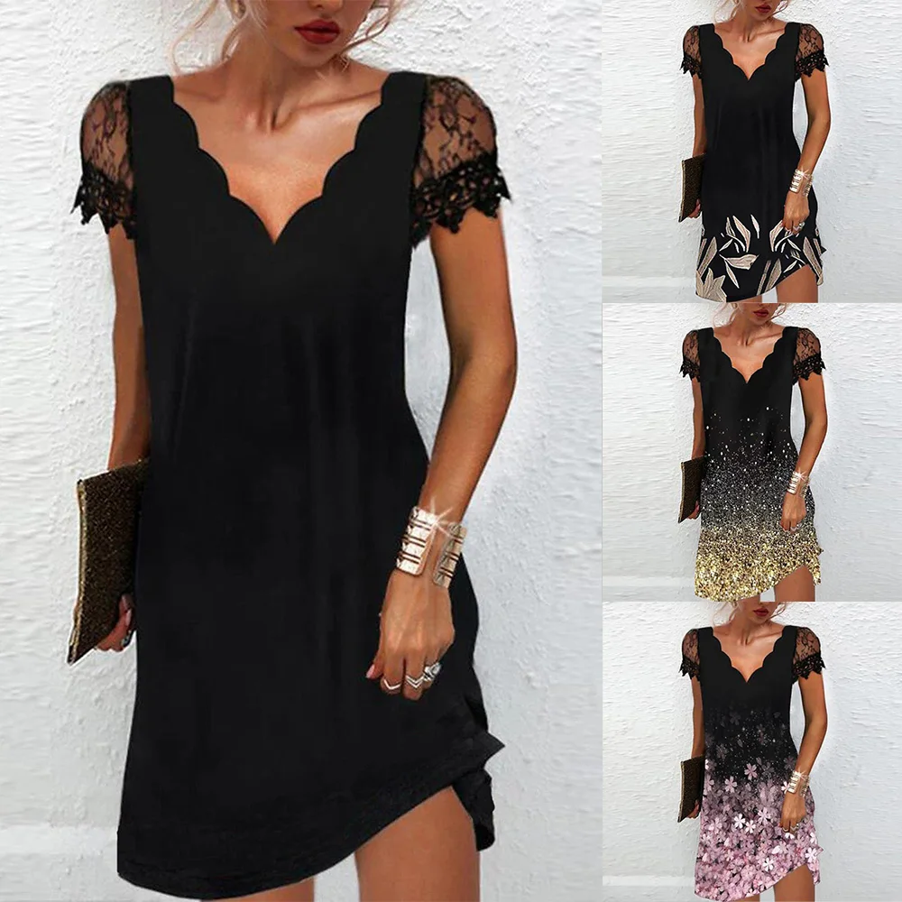 

Women Fashion Printed Dress Sexy Lace Stitching Short-sleeved V Neck Dress Female Summer Elegant Party Mini Dress Vestidos