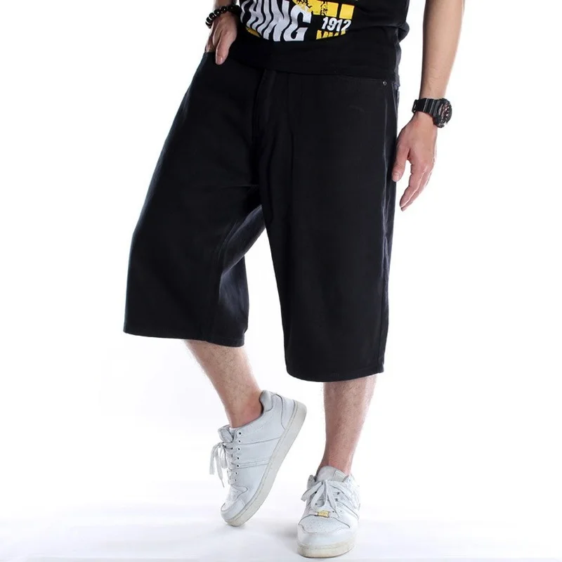 Summer Men's Wide Leg Denim Shorts Loose Straight Skating Pure Black Shorts Middle Pants Jeans Plus Size