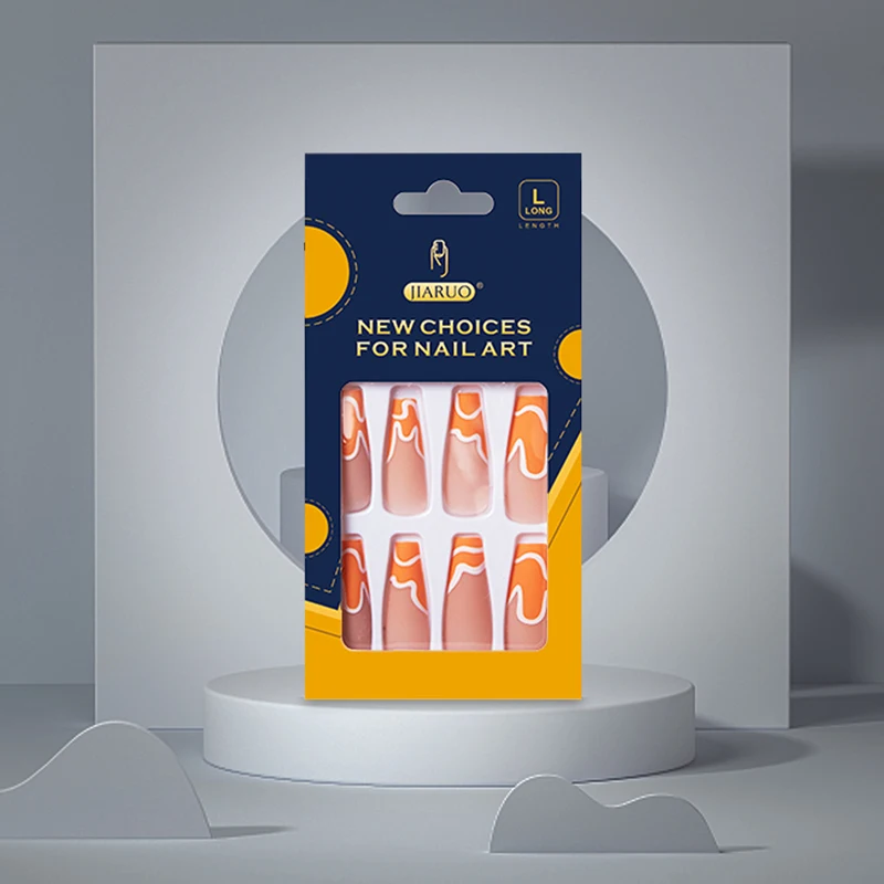 

JIARUO 24PCS/BOX Long Press on Nail Coffin Fake Nails Hot Wave Beach Orange Wave Series Nail Art Full Cover Y2k Paste Nail Art