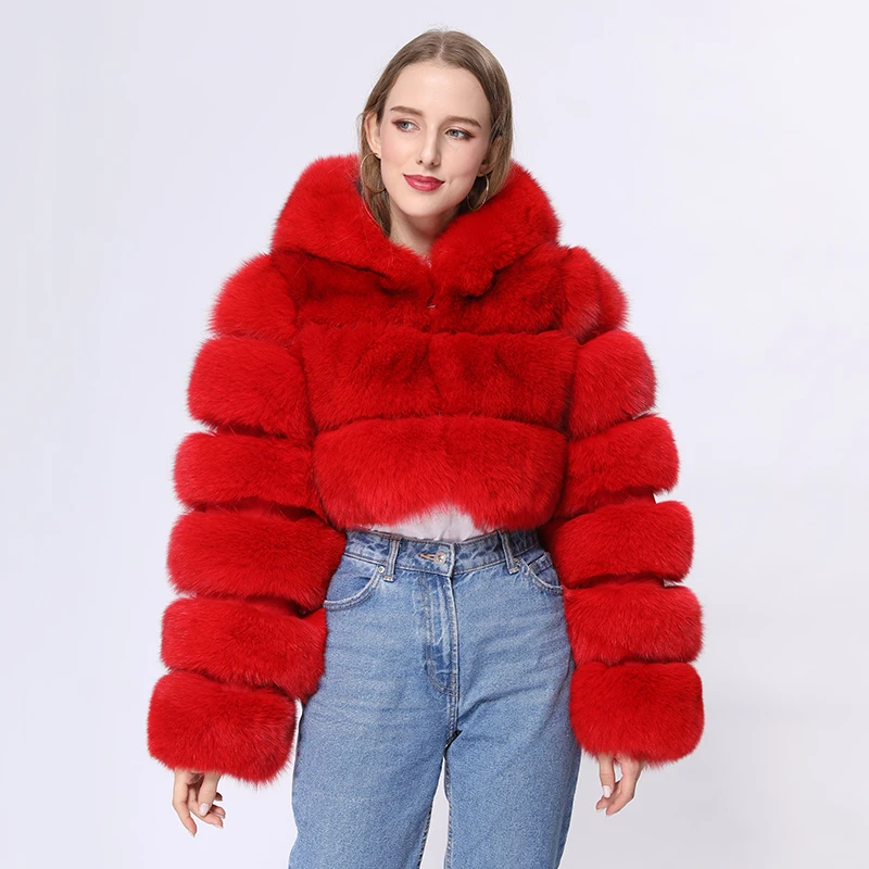 Winter Women Fashion Cropped Sexy Hooded Real Fox Fur Coat Luxury Warm Temperament Plush Outwear Ladies High-end Thick Overcoat