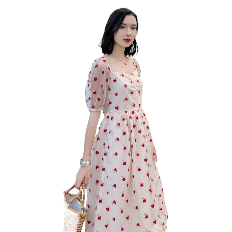 

Beach Style Holiday Party Date Dresses Woman Short Sleeve Patchwork Sheer Mesh Embroidery Vintage Strapless Organza Ladies Dress