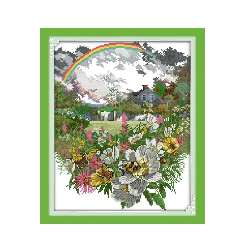 

The after rain rainbow flowers cross stitch kit 18ct 14ct 11ct count printed canvas stitching embroidery DIY handmade needlework