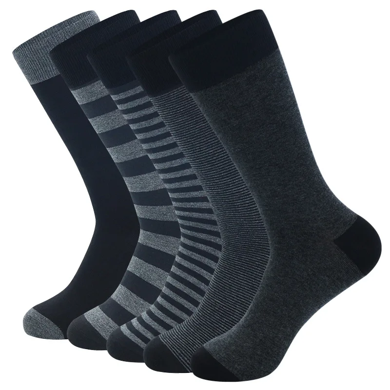 

5 Pairs Men Business Socks Breathable Cotton Striped Solid Black Grey Long Causal Dress Socks Large Size EU 42-48