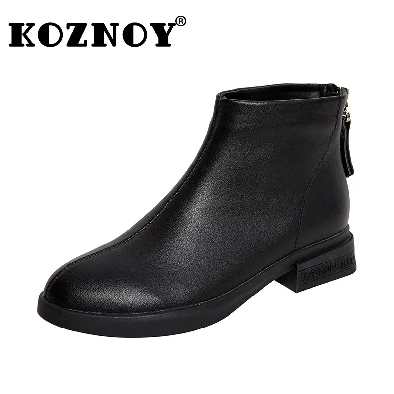 

Koznoy 3cm Full Cow Genuine Leather Women Motorcycle Ankle Snow Boots Warm Fur ZIP Comfy Concise Plush Winter Soft Soled Shoes