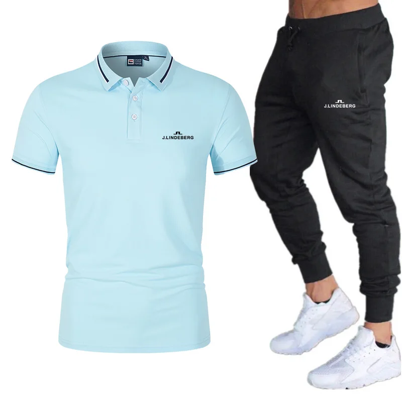 

J Lindeberg New Summer Casual Men's Suit Golf Polo Shirt+Pants Suit Brand Short Sleeve Set Jogging Male Sportswear 2-Piece Set