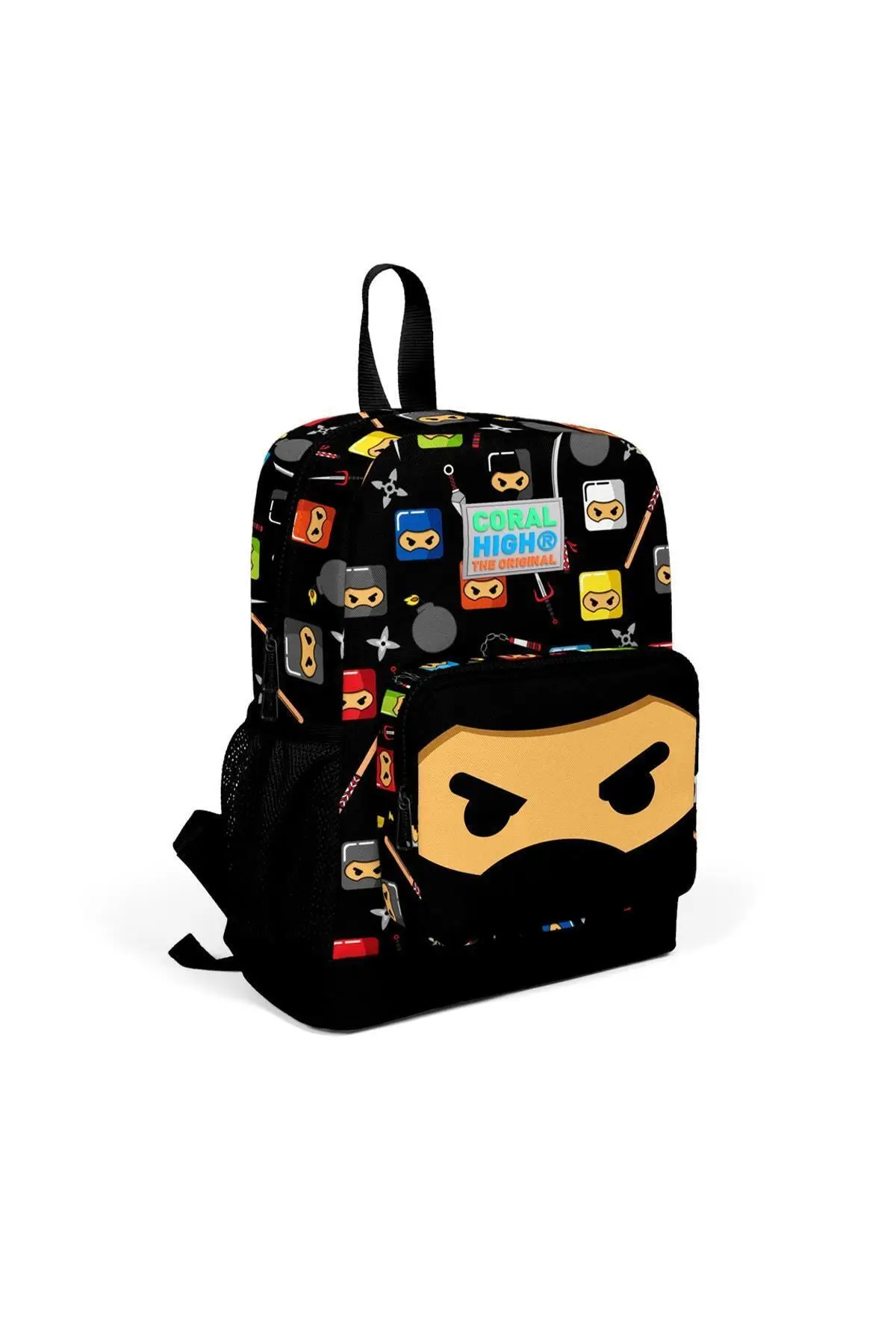 Детский черный рюкзак с тиснением ниндзя двумя отделениями для начальной школы