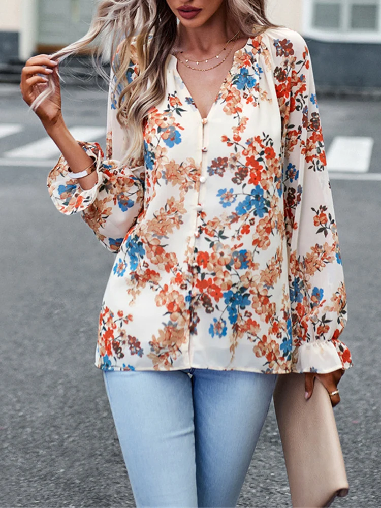 Блузка женская с цветочным принтом элегантная однобортная рубашка в стиле бохо