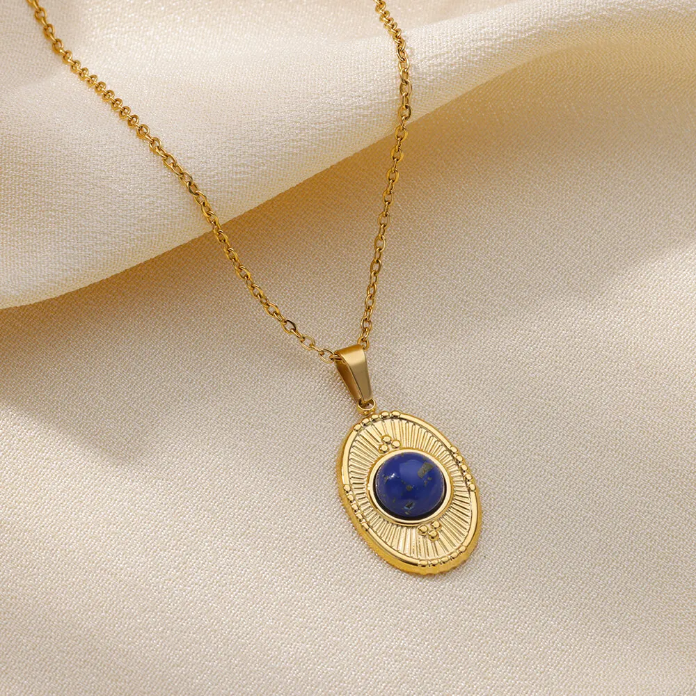 

Stainless Steel Pendant Necklace Vintage Natural Stone Accesorios Jewelry For Women 18K Gold Color Oval Chain New Free Shipping