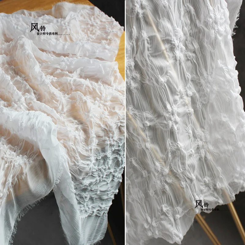 

Wavy Pleated Chiffon Fabric White Flower Texture DIY Patchwork Decor Gown Various Skirts Wedding Dress Desinger Fabric