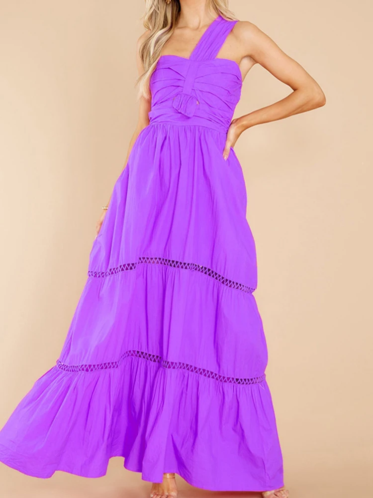 

Женское летнее платье с открытыми плечами, длинное однотонное платье с открытыми плечами и оборками на одно плечо