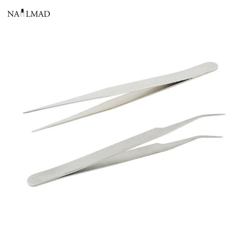 2pcs Silver Straight Tweezers Curved Tweezers kit Eyelashes Extension Tweezers Nippers Pointed Clip Nail Art Tools images - 6