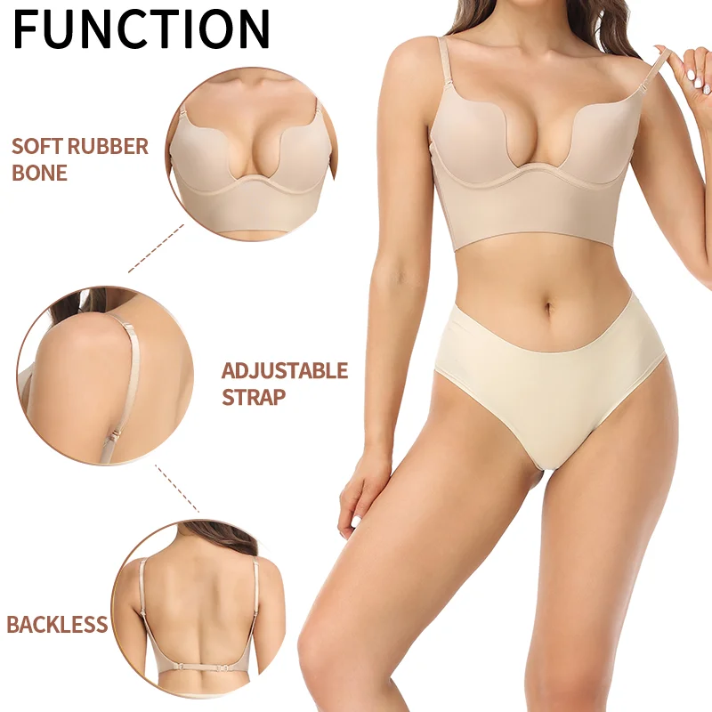 Deep U Neck Bra Shaper Women Push Up Chest Underwear Backless Women Bras Low Cut Sexy Plunge Brassiere Breast Control Shapewear