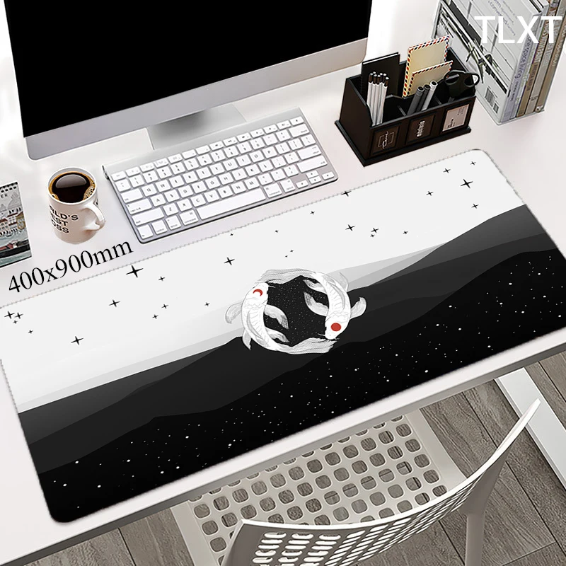 Большой коврик для мыши Black Art Fish Mausepad 900x400, Настольный коврик для компьютера, офисный коврик для мыши, резиновый коврик для мыши