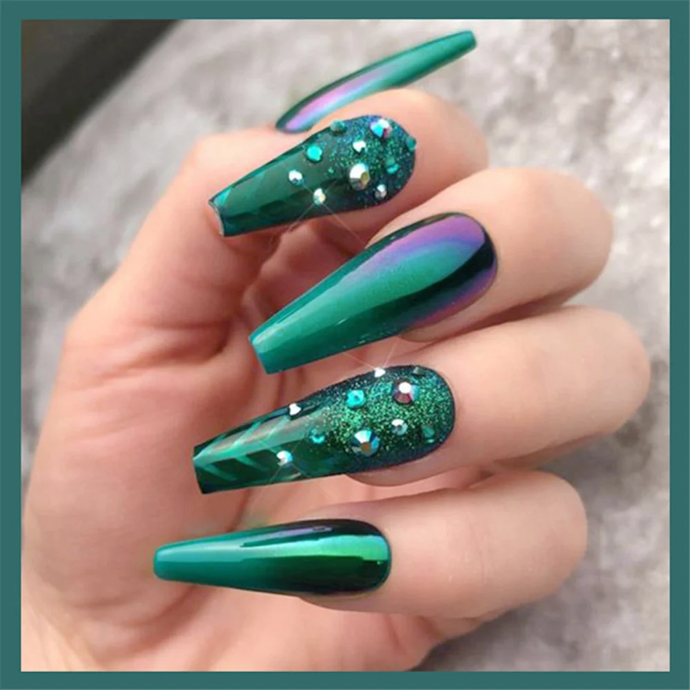 

Темно-зеленые длинные накладные ногти балерины с дизайном блестящие стразы вечерние ринки Маникюр Французский гроб Набор накладных ногтей