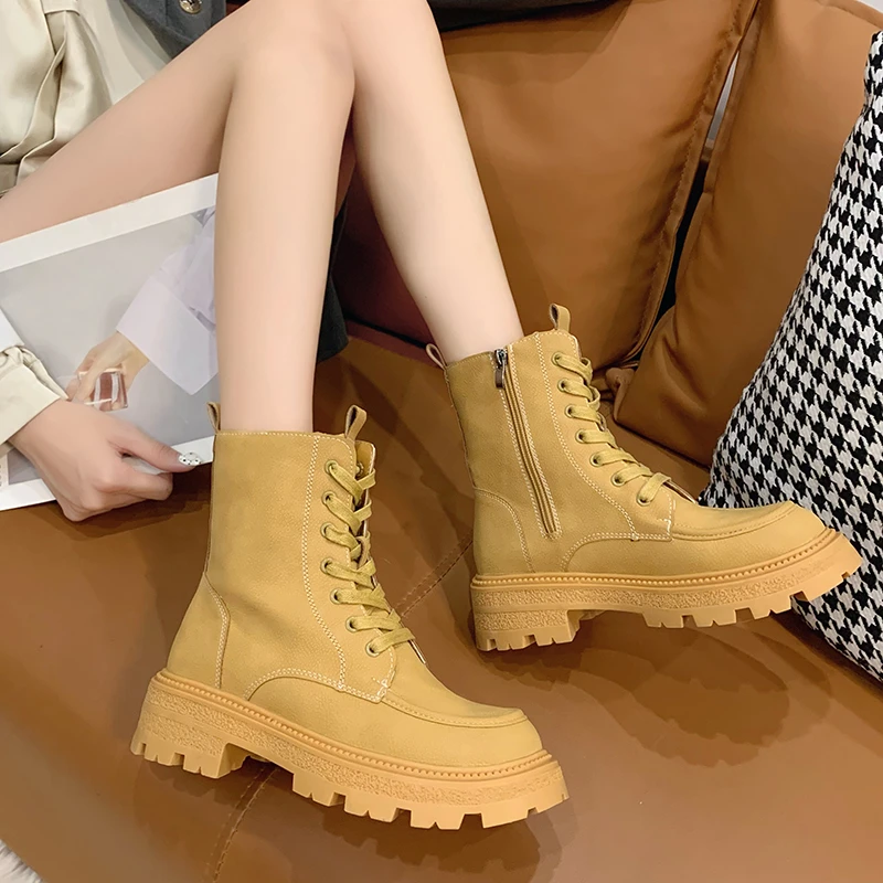 

New Women Black Combat Boots Platform Square Toe Autumn Punk Shoes 2022 Women Winter Gothic Lace Up Motorcycle Ankle Boots