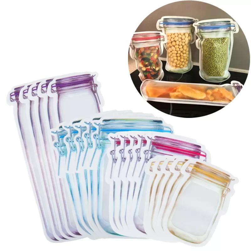 

Mason Jar Zipper Bags Stand-Up Food Storage Snack Candy Bags Reusable Airtight Seal Food Storage Bag Leakproof Kitchen Organizer
