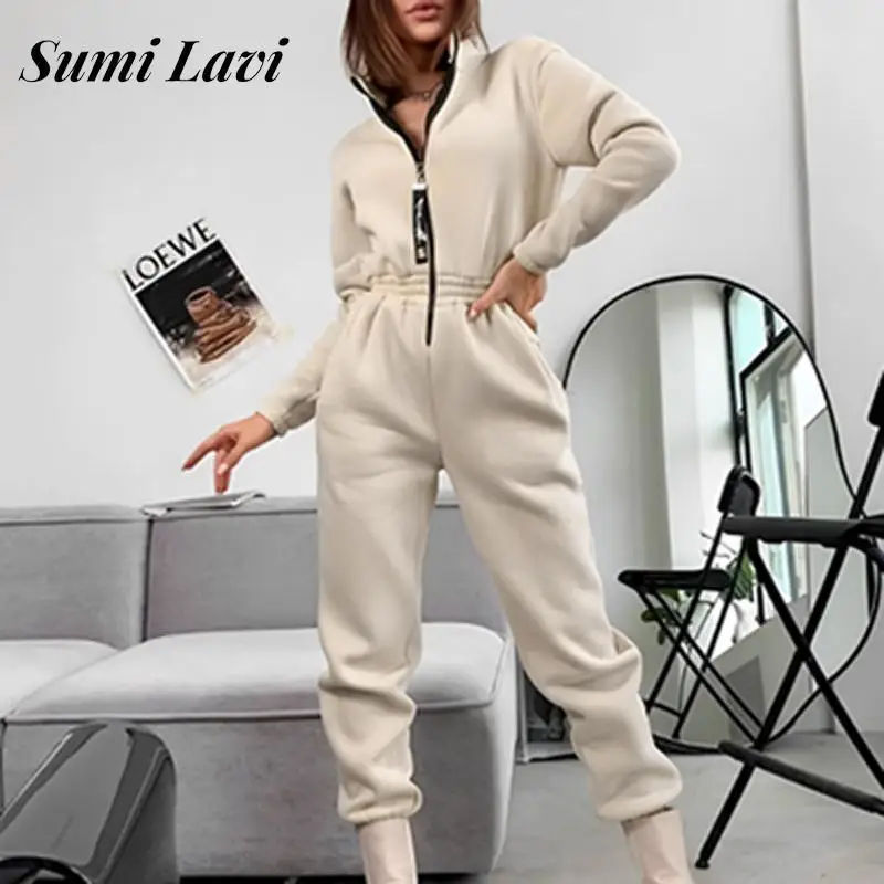 

Fashion Stand Collar Zipper Romper Autumn Women Solid Long Sleeve Waisted Slim Playsuit Casual Long Sleeve Pencil Pants Jumpsuit