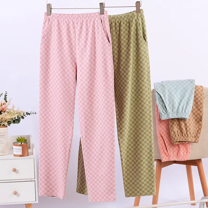 Fdfklak Spring Autumn Plaid Sleepwear Pant For Women New Casual Pajamas Pants Loose Loungewear Thin Velvet Pyjama Trousers