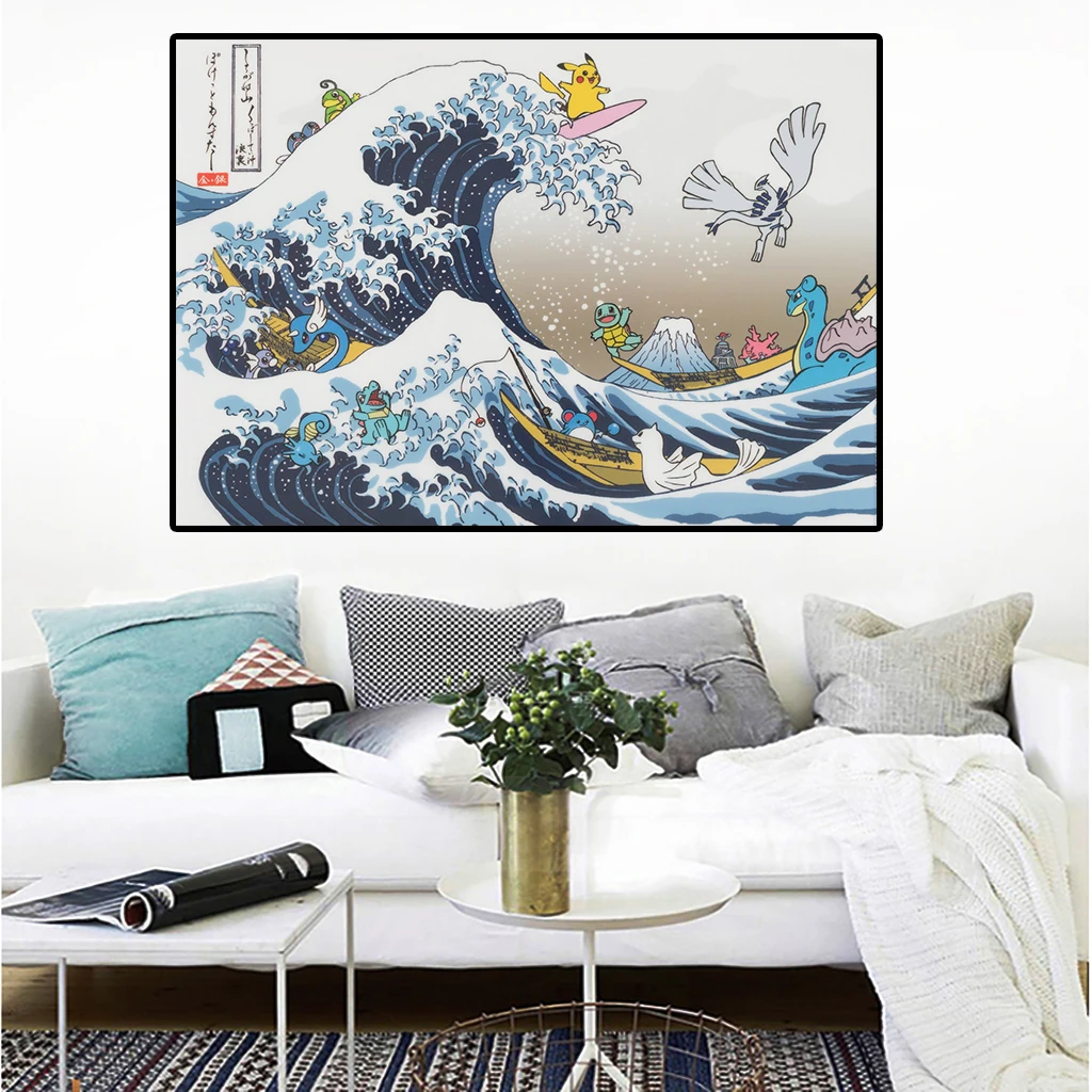 

Frameless Japanese Anime Manga Pokemon The Great Wave Canvas Painting Poster and Print Wall Art Picture Living Room Home Decor