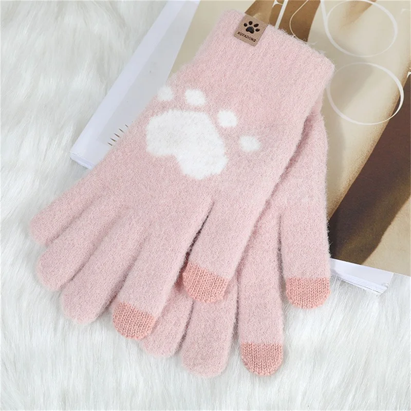 

Модные перчатки с принтом кошачьих лап, трикотажные перчатки для сенсорного экрана, зимние плотные теплые мягкие пушистые перчатки для взрослых для мужчин и женщин
