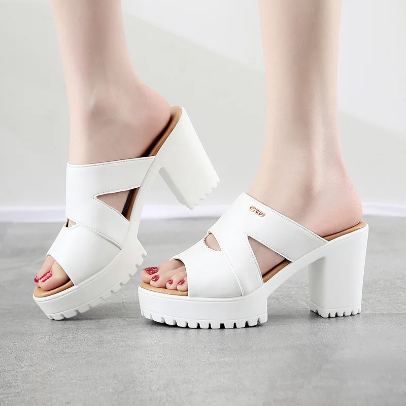 

8cm Block High Heels Slides Women Shoes Summer 2022 Elegant Wedding Office Model Chunky Platform Slippers Leather Red