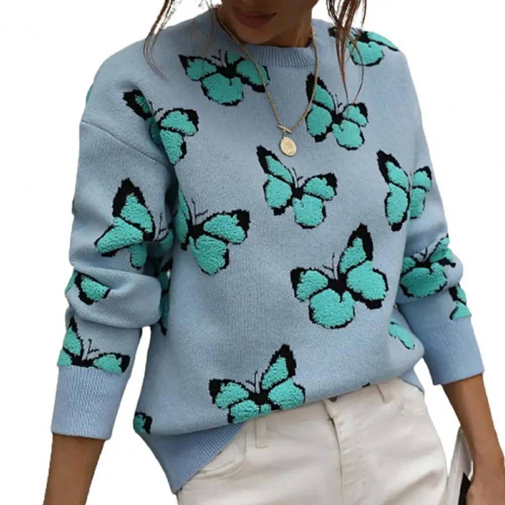 

Fashion Sweater Jumper Ribbed Cuffs Coldproof Skin-Touch Winter Embroidery Butterflies Pattern Pullover Knitwear