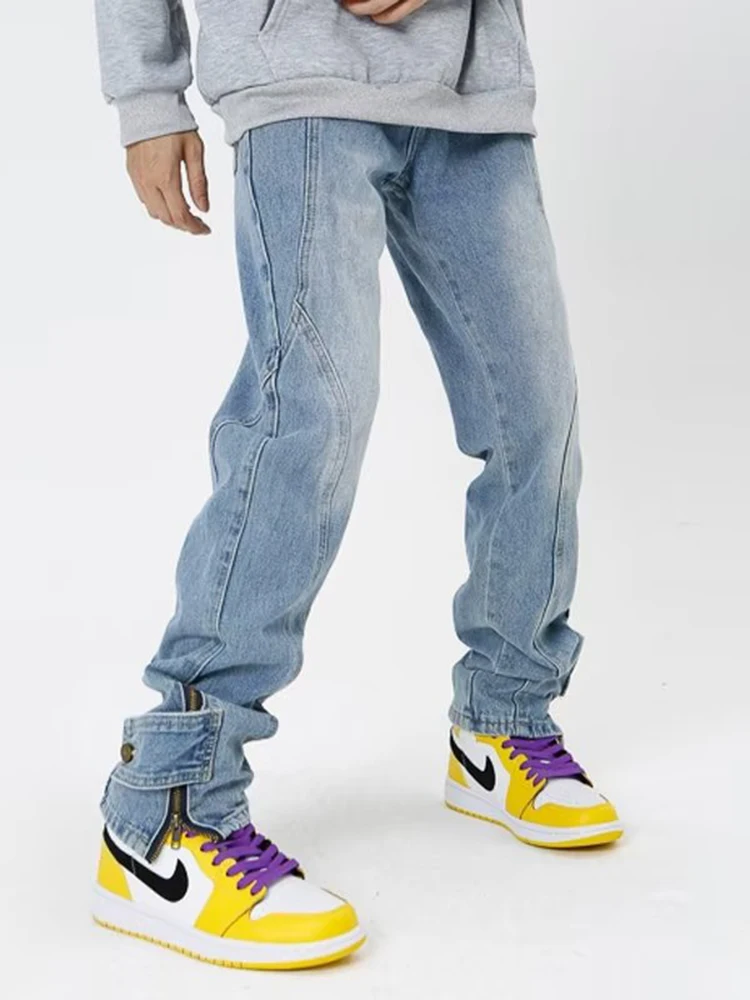 Menswear Pants New Korean Fashion Straight Tube Slim Fit Zipper Design Jeans Men Vintage Washed Male Trousers Mens Pants Denim