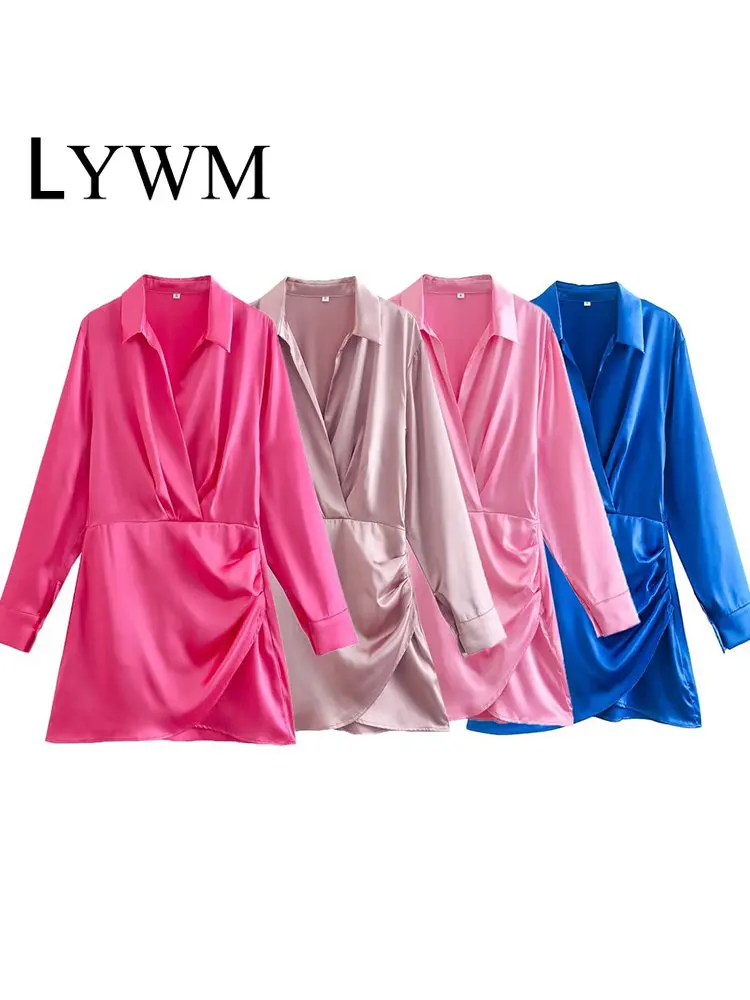 

Женское модное однотонное Плиссированное мини-платье LYWM, винтажные женские шикарные платья с отложным воротником и длинными рукавами