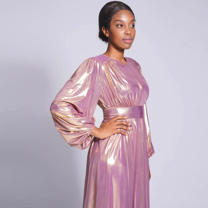 Muslim Fashion Women's Solid Large Lantern Sleeve Dress Shiny Elastic Lace Up Long Dress Abaya Dubai Robe Femme Musulmane Modest