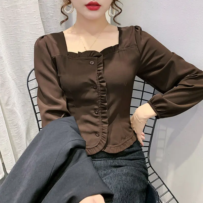 

Blouse Women Square Collar Chiffon Shirt Cardigan Fashion Ruffle Solid Color Long Sleeve Spring Autumn Slender Tenafeicc