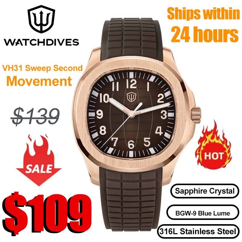 Фото Часы Watchdives WD008 VH31 с кварцевым механизмом, сапфировым стеклом, водонепроницаемые, с суперлюминователем BGW9, из нержавеющей стали, мужские. №1