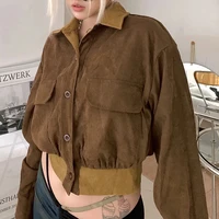 fashion retro corduroy womens short jacket casual lapel brown jacket autumn elegant solid color button street style jacket 2021