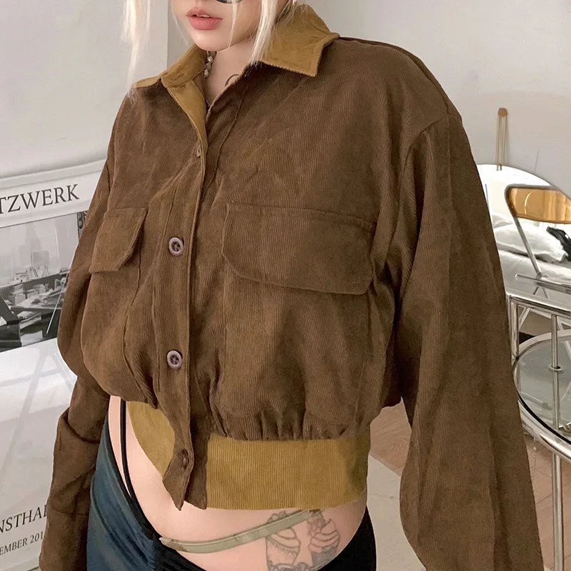 Фото Модная Вельветовая женская короткая куртка в стиле ретро Повседневная