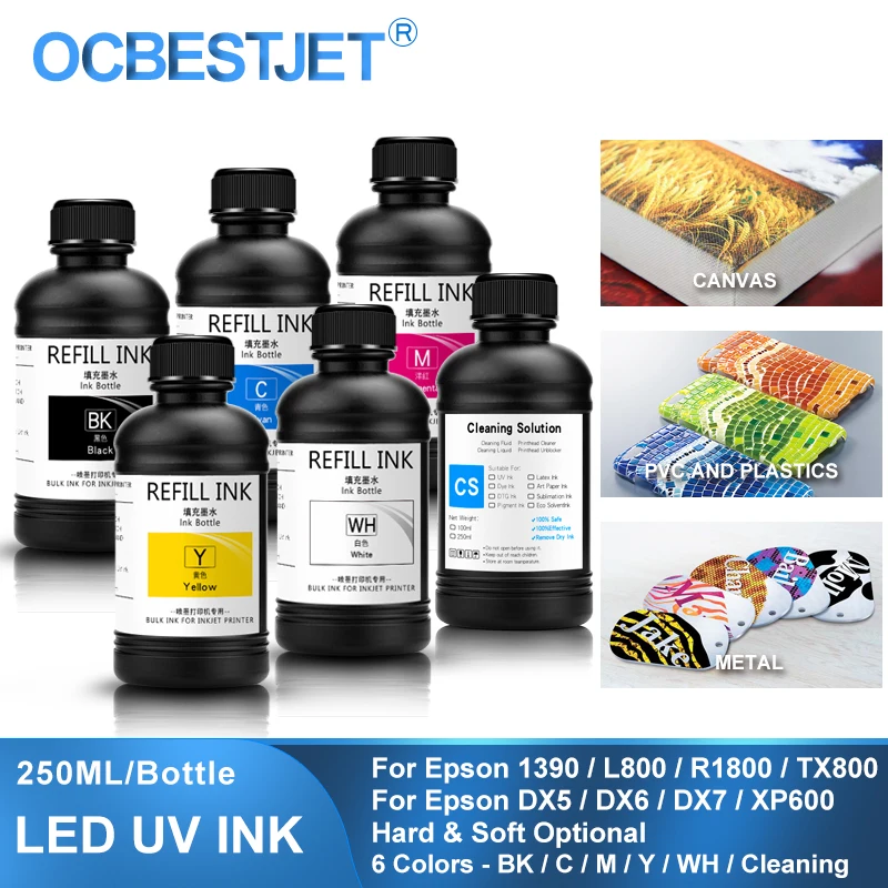6×250ML LED UV Ink For DX4 DX5 DX6 DX7 DX10 TX800 XP600 Printhead For Epson 1390 L800 L1800 L805 R1800 R1900 (BK C M Y WH CS)