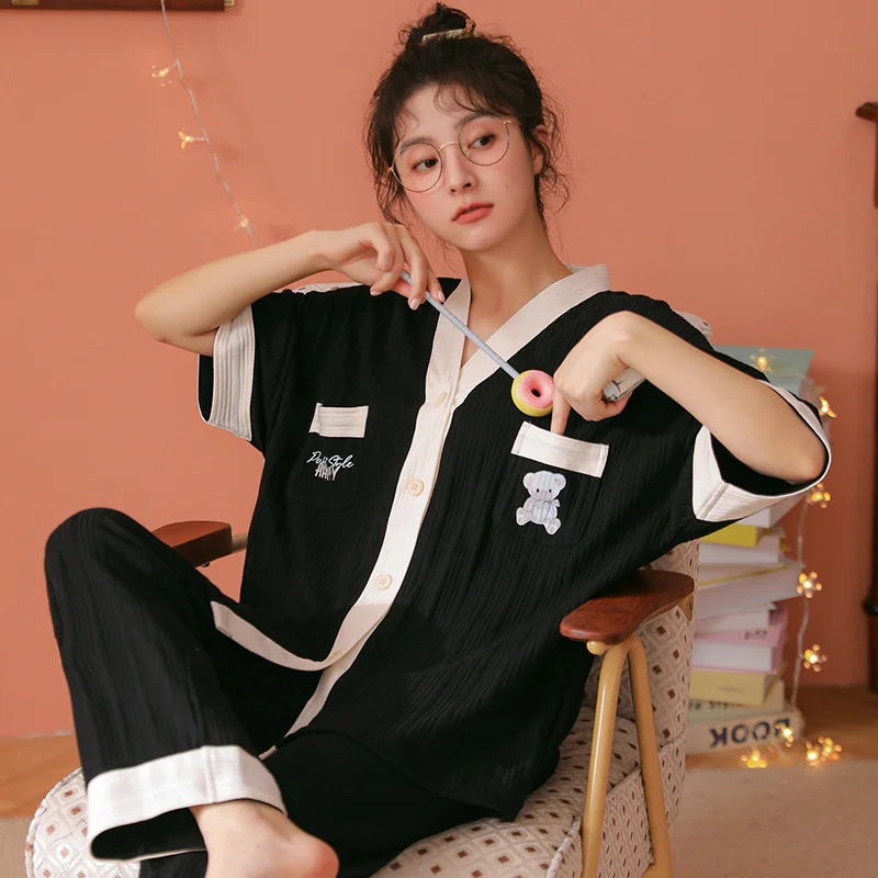 spring  autumn new style pajamas women's short sleeved cardigan  leisure summer thin student large home clothes can be worn out