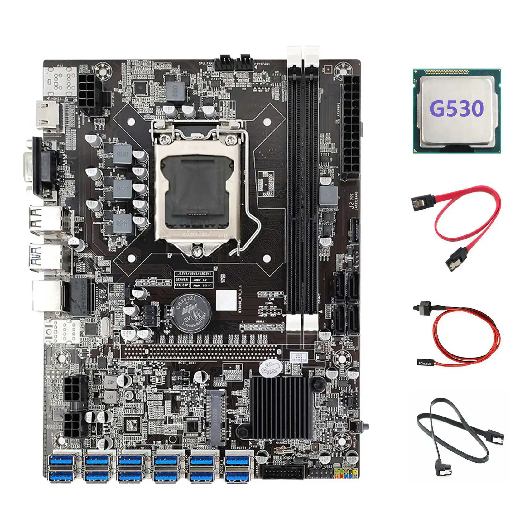 B75 12USB BTC Mining Motherboard+G530 CPU+2XSATA Cable+Switch Cable 12 PCIE to USB3.0 B75 USB ETH Miner Motherboard