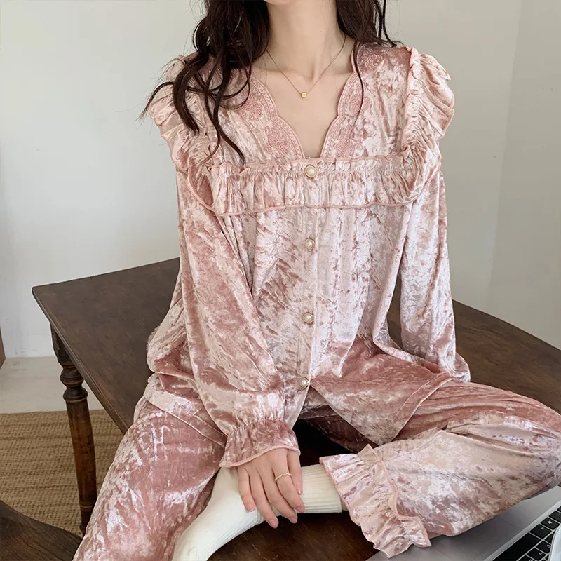 Solid Color Gold Velvet Women's Pajamas Sweet Beauty Homewear Suit Winter Casual Clothes Comfortable Sleepwear Free Shipping