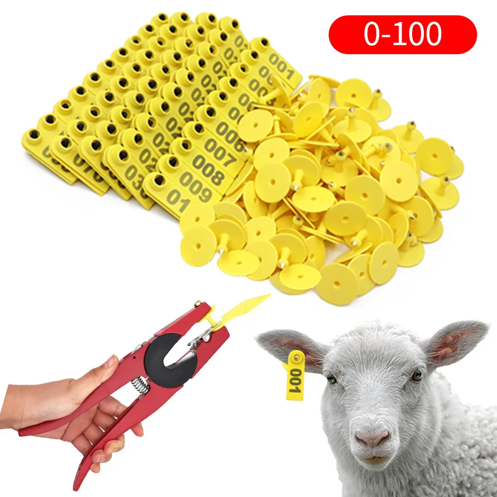 

100Sets Livestock Cattle Cow Ear Tag Signs Number With Word Ear Tags Typing Copper Head Earrings Farm Animal Ear tag pliers Clip