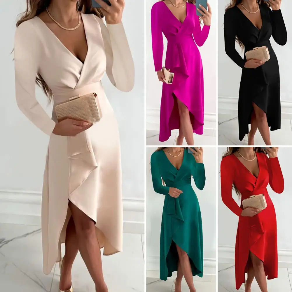 

Autumn Dress Long Sleeve Breathable Slim Fit Lady Autumn Split High-low Hem Gown Long Dress Party Dress Streetwear
