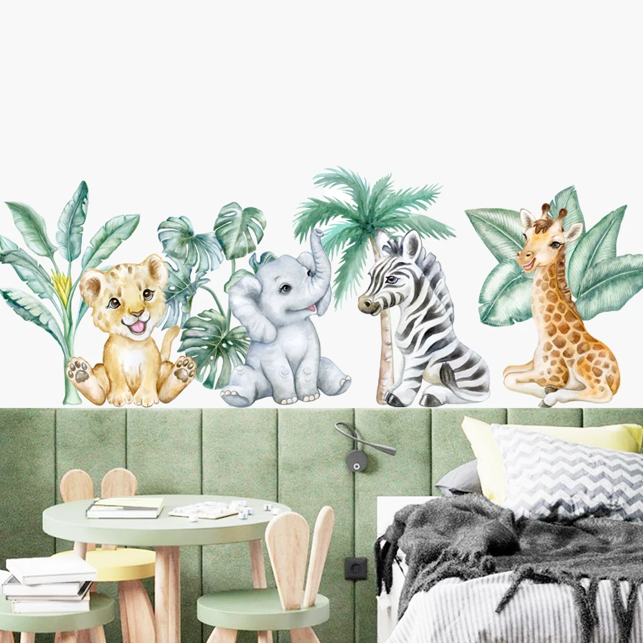

Cartoon African Animals Lion Tropical Leaves Watercolor Nursery Wall Sticker Peel and Stick Wall Decals Kids Room Home Decor
