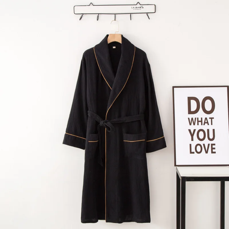 Pure Cotton Hotel Couple Nightgown Thin Cardigan Lapel Over Knee Plus Size Home Nightdress Men's and Women's Bathrobe with Belt