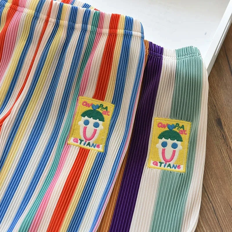 Children's Rainbow Folds Pants Girl Spring Summer Casual Elastic Waist Sweatpants Loose Trousers Korean Style Kid Clothes 2022