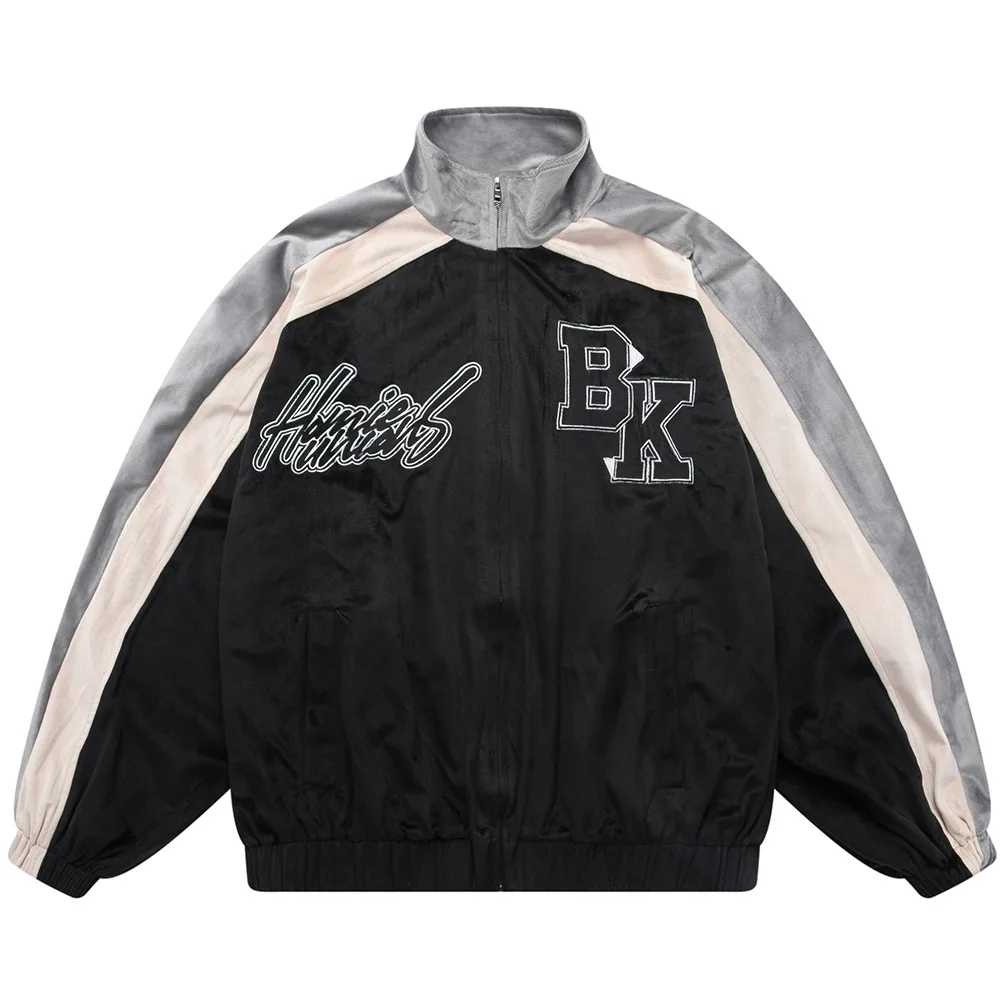 

2022 New Jackets Men Lettter Embroidery Hit Color Velvet Stand Collar Coat Couple Vintage Advanced Harajuku High Quality Outwear