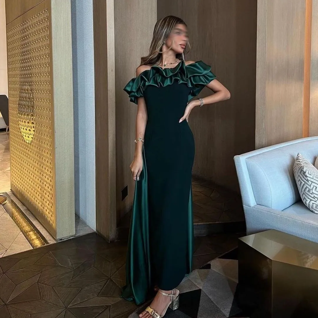 

Blackish Green Ankle Length Prom Dresses Tiered Bateau Neck Formal Occasion Dress Women Wear Evening Party Gowns with Wraps