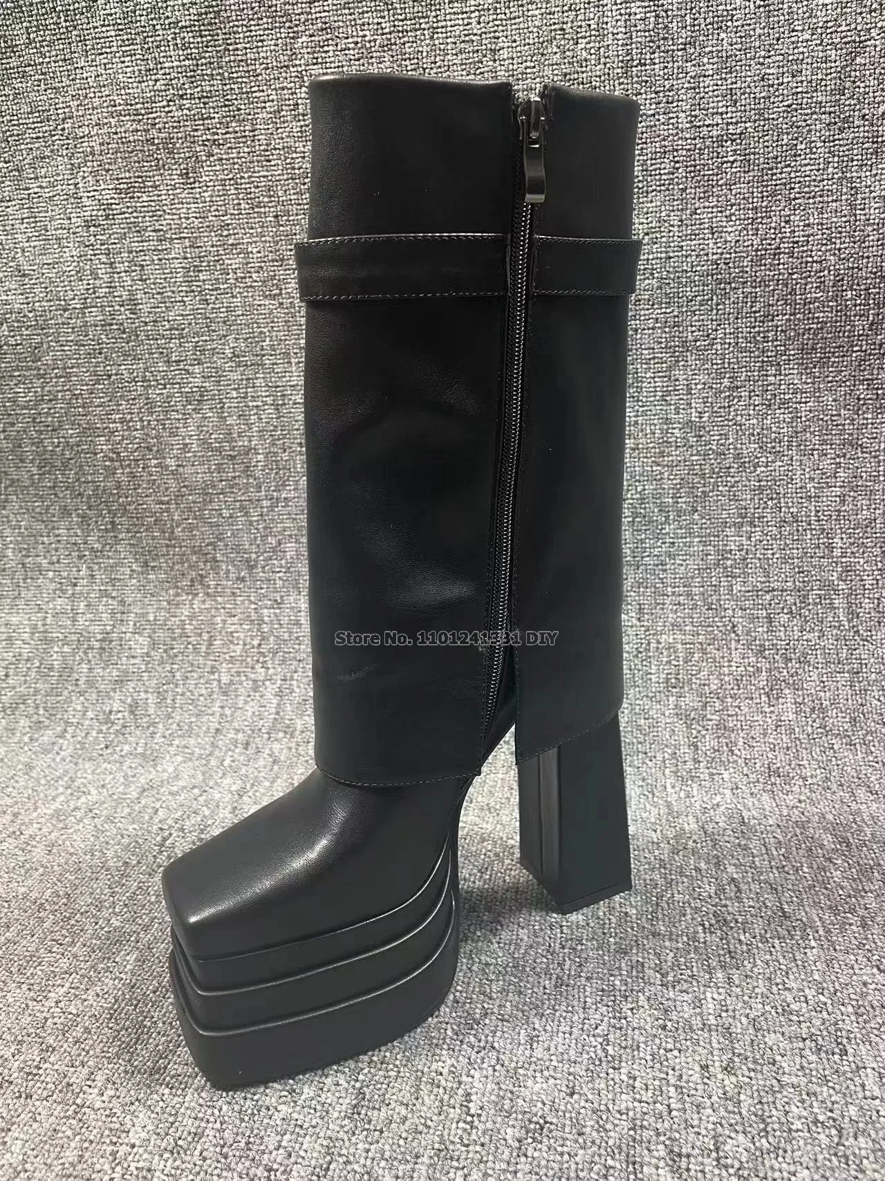 Woman Black Leather Thick Platform Mid-calf  Boots Women Winter Concise New Botas Chunky High Heel Female